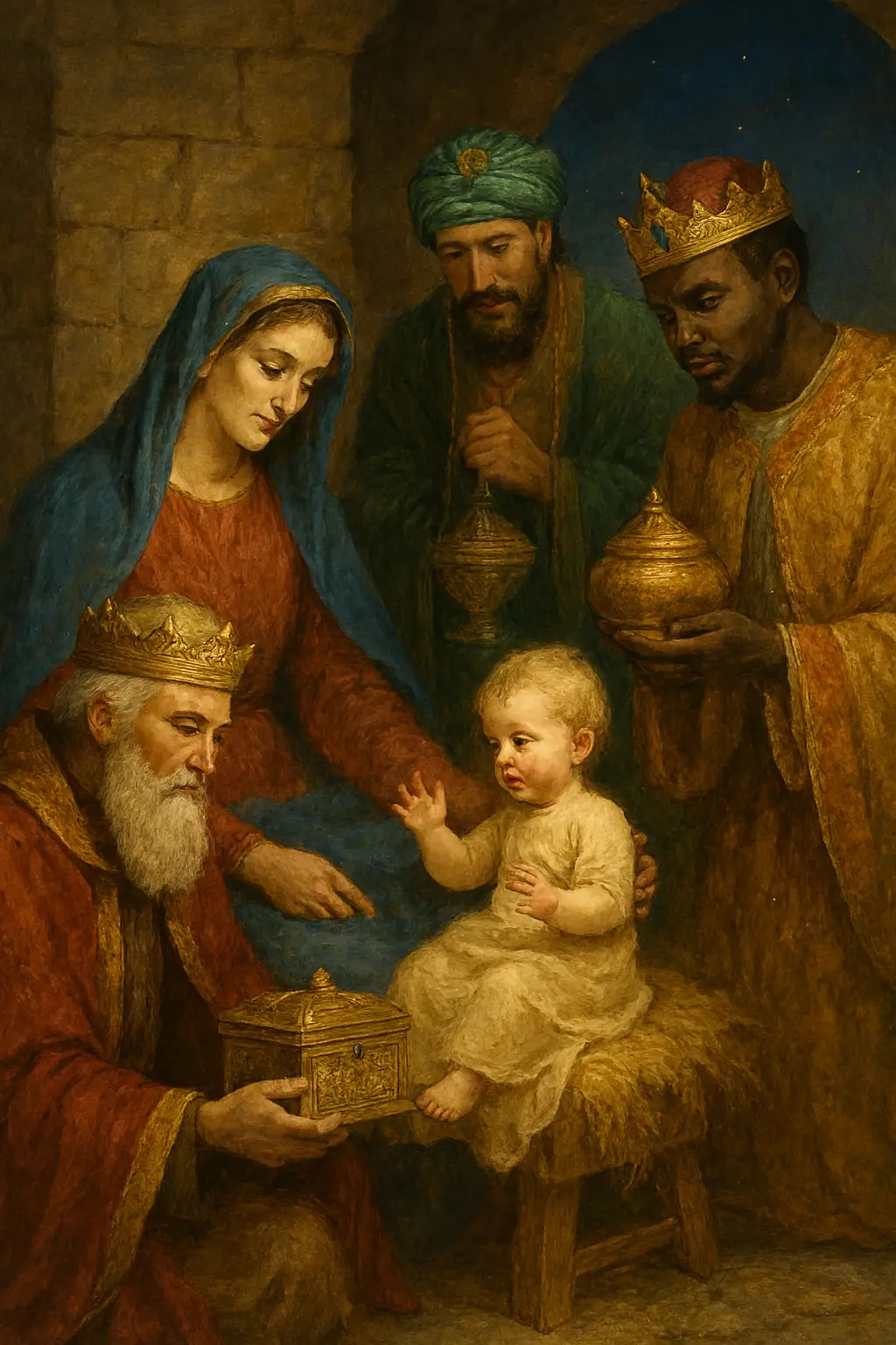 Three Wise Men presenting gifts to baby Jesus